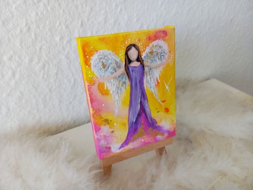 Engel auf Mini-Leinwand * 7 x 9 cm * mit Staffelei - Lila-Pink-Gelb