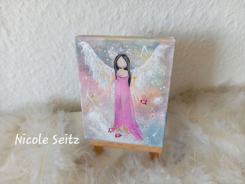 Engel auf Mini-Leinwand * 7 x 9 cm * mit Staffelei - Rosa