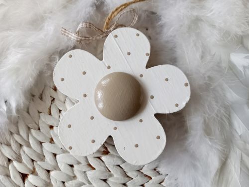 Preview: Holzblume * Pünktchen * Beige/Weiß * 11,5 x 1,5 cm