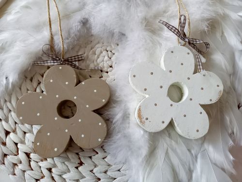 Preview: 2 Holzblumen * Pünktchen * Beige/Weiß * 11 x 1,5 cm