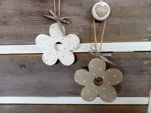 Preview: 2 Holzblumen * Pünktchen * Beige/Weiß * 11 x 1,5 cm