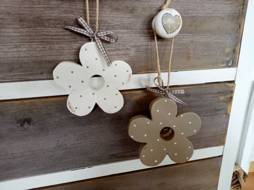 Preview: 2 Holzblumen * Pünktchen * Beige/Weiß * 11 x 1,5 cm