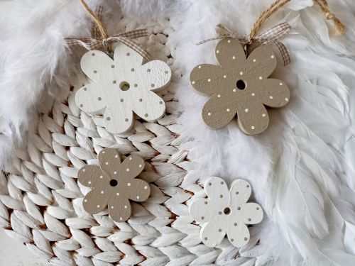 Preview: 4 Holzblumen * Pünktchen * Beige/Weiß