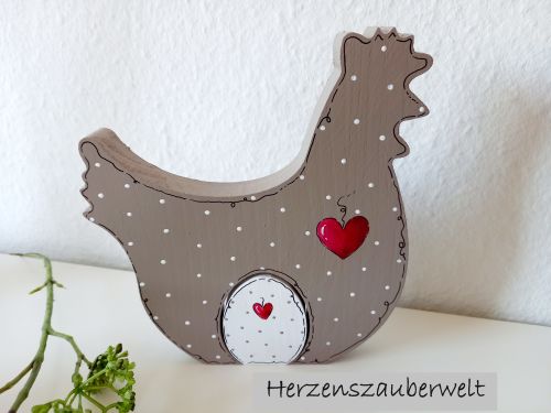 Preview: Huhn mit Osterei * Pünktchen * Beige/Taupe-Rot * 17 x 15,5 x 2 cm * zum Aufstellen