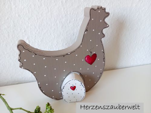 Preview: Huhn mit Osterei * Pünktchen * Beige/Taupe-Rot * 17 x 15,5 x 2 cm * zum Aufstellen
