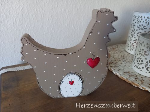 Huhn mit Osterei * Pünktchen * Beige/Taupe-Rot * 17 x 15,5 x 2 cm * zum Aufstellen
