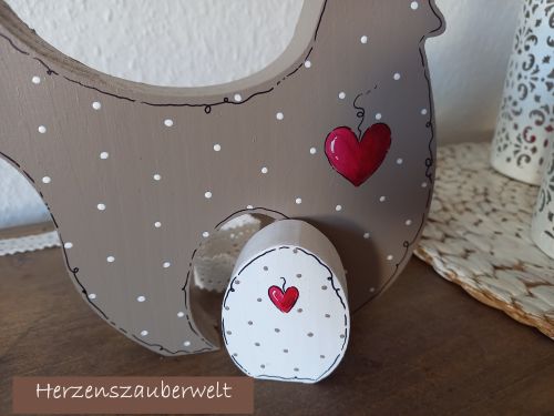 Huhn mit Osterei * Pünktchen * Beige/Taupe-Rot * 17 x 15,5 x 2 cm * zum Aufstellen