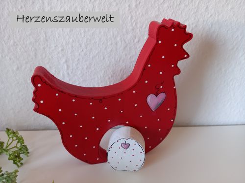 Preview: Huhn mit Osterei * Pünktchen * Rot-Weiß-Rosa * 17 x 15,5 x 2 cm * zum Aufstellen
