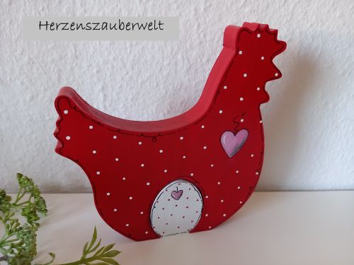 Huhn mit Osterei * Pünktchen * Rot-Weiß-Rosa * 17 x 15,5 x 2 cm * zum Aufstellen
