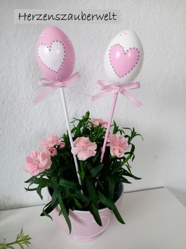 Preview: 2 Ostereier * HANDBEMALT * Pflanzstecker * Rosa-Weiß * Herz * Shabby * Landhaus