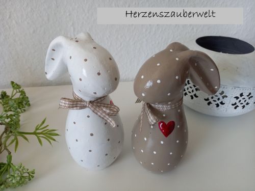 2 Osterhasen * Beton * Beige-Weiß * 15 cm * Herz * Hasenpaar * Pünktchen