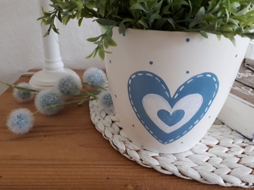Preview: Übertopf * handbemalt * Kunststoff * Herz * Rauchblau