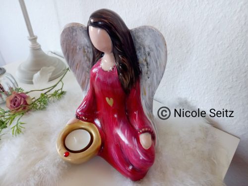 Preview: Engellicht handbemalt * Goldlicht * Herz * Höhe 21 cm * Keramik