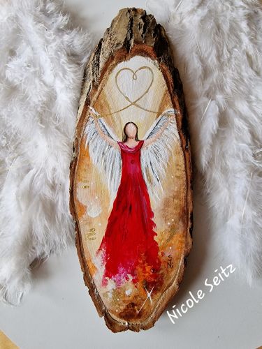Engel auf Baumscheibe gemalt * Herz * 33 x 12 x 3 cm