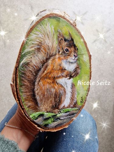 Holzscheibe handbemalt * Krafttier Eichhörnchen * 23 x 13,5 x 2 cm