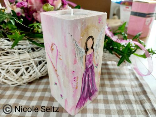 Engellicht aus Holz * Herz * Rosen * Lila-Pink * handbemalt