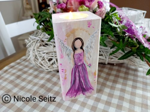 Engellicht aus Holz * Herz * Rosen * Lila-Pink * handbemalt