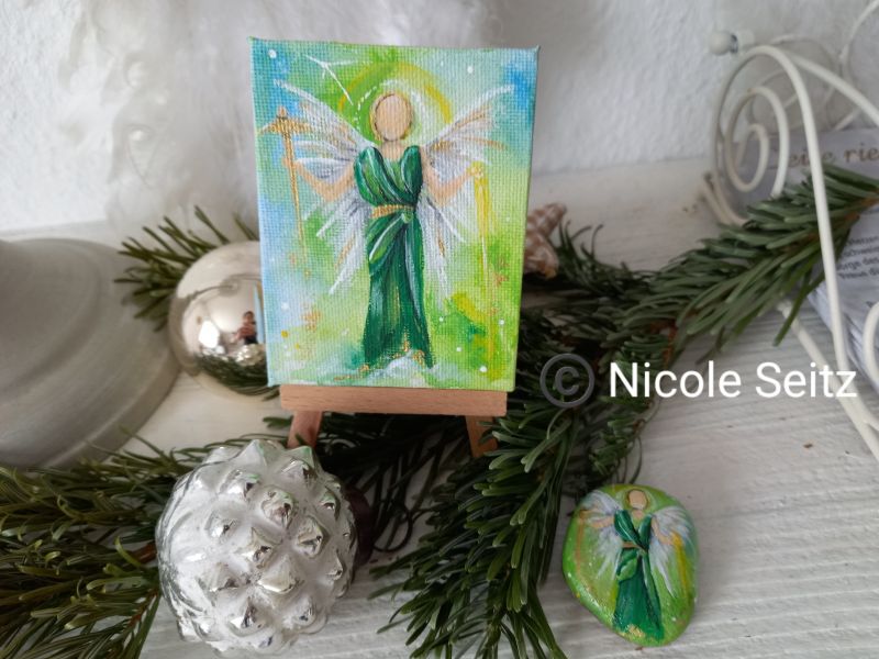 Engel auf Mini-Leinwand * 7 x 9 cm * mit Staffelei - Erzengel Raphael * Heilung