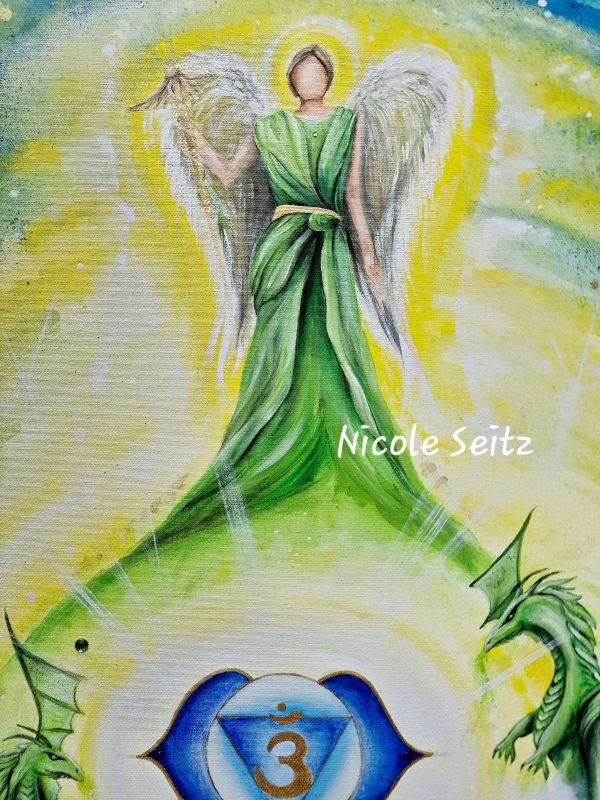 Leinwandbild (Original) * Erzengel Raphael und die Smaragddrachen * Beschützer des Stirnchakras * 50 x 70 cm * Drittes Auge