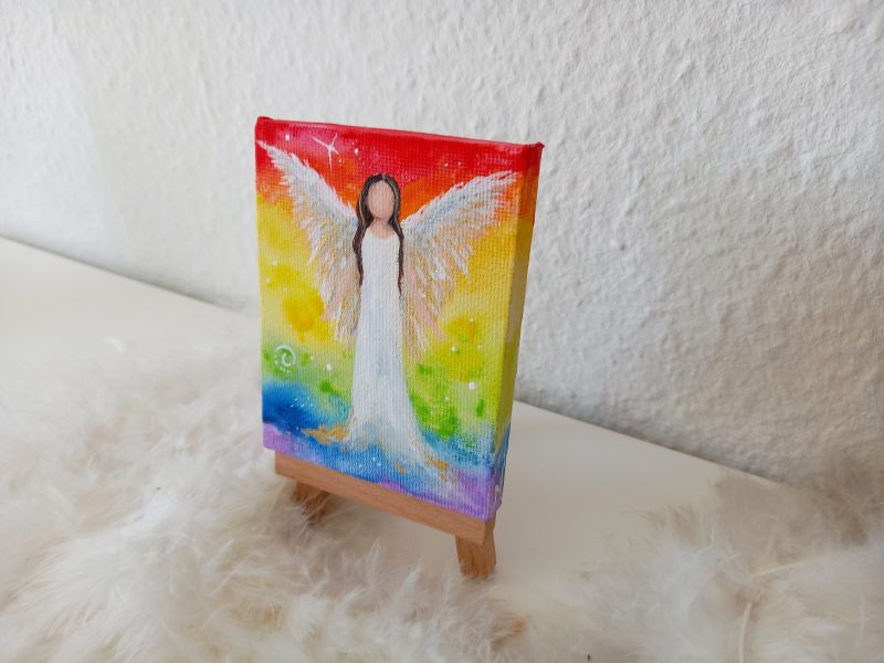 Engel auf Mini-Leinwand * 7 x 9 cm * mit Staffelei - Regenbogen