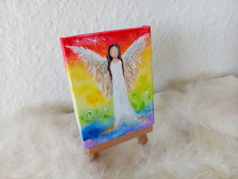 Engel auf Mini-Leinwand * 7 x 9 cm * mit Staffelei - Regenbogen