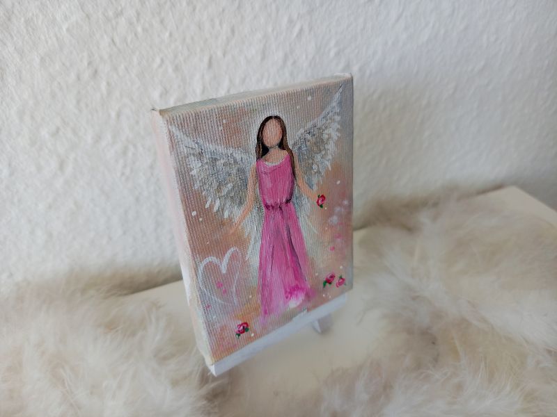 Engel auf Mini-Leinwand * 7 x 9 cm * mit Staffelei * Rosenengel