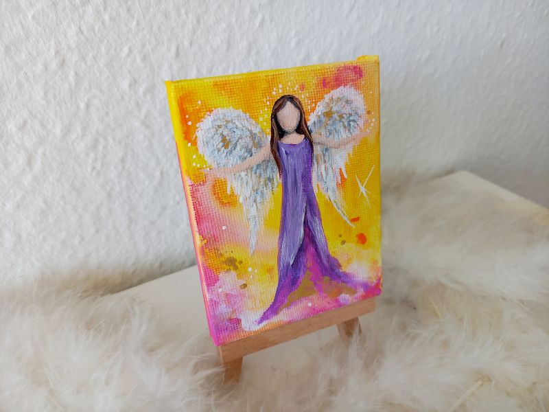 Engel auf Mini-Leinwand * 7 x 9 cm * mit Staffelei - Lila-Pink-Gelb