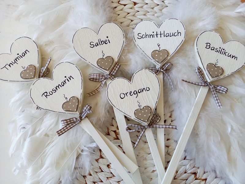 6 Kräuterstecker * Shabby * Herz * Weiß * Landhaus