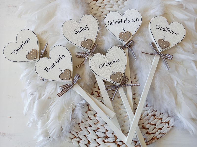 6 Kräuterstecker * Shabby * Herz * Weiß * Landhaus
