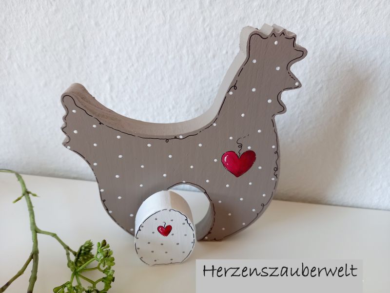 Huhn mit Osterei * Pünktchen * Beige/Taupe-Rot * 17 x 15,5 x 2 cm * zum Aufstellen