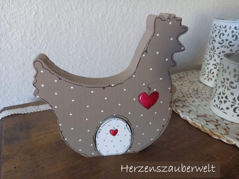 Huhn mit Osterei * Pünktchen * Beige/Taupe-Rot * 17 x 15,5 x 2 cm * zum Aufstellen