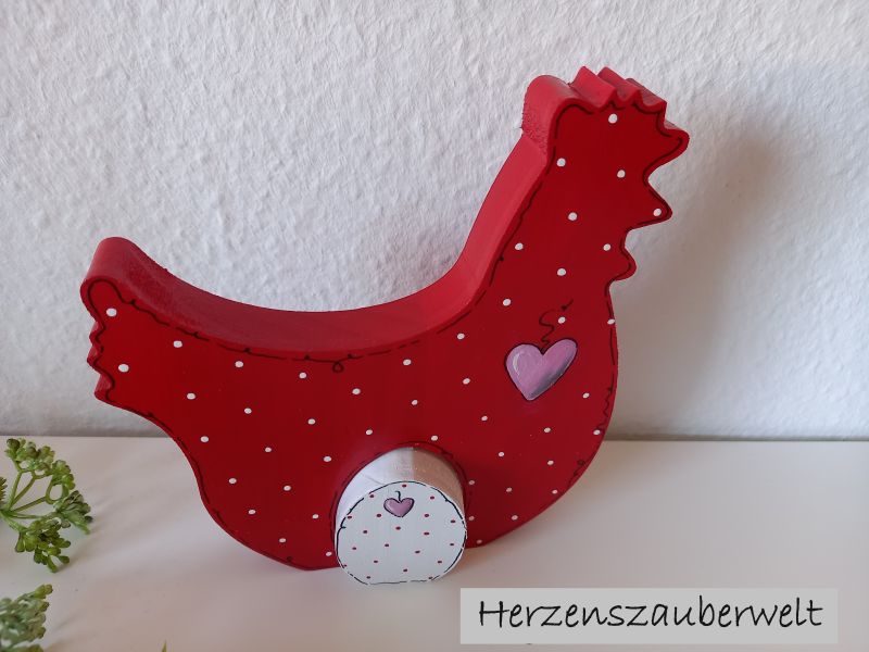 Huhn mit Osterei * Pünktchen * Rot-Weiß-Rosa * 17 x 15,5 x 2 cm * zum Aufstellen