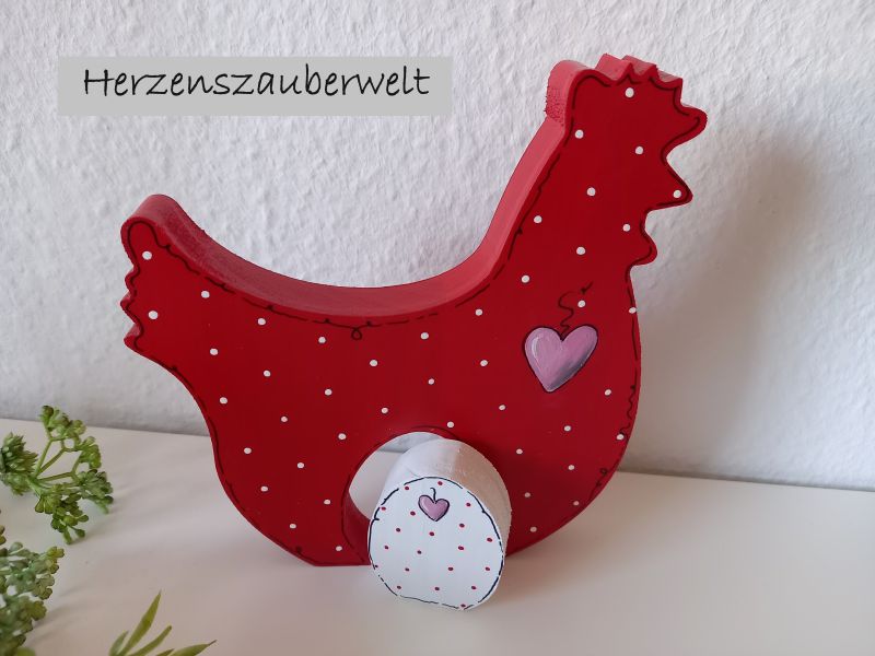 Huhn mit Osterei * Pünktchen * Rot-Weiß-Rosa * 17 x 15,5 x 2 cm * zum Aufstellen