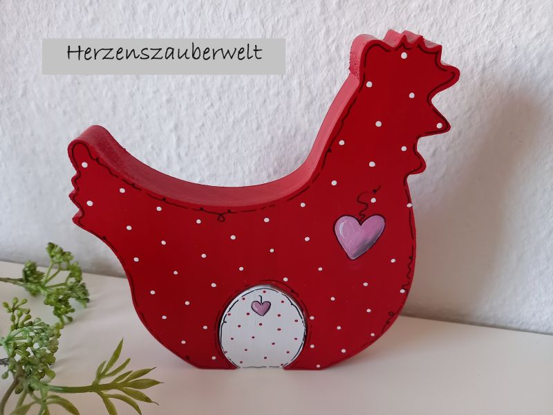Huhn mit Osterei * Pünktchen * Rot-Weiß-Rosa * 17 x 15,5 x 2 cm * zum Aufstellen