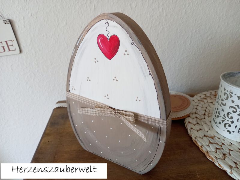 Großes Osterei * Pünktchen * Beige-Weiß-Rot * 22 x 16 cm * zum Aufstellen * Shabby, Landhaus