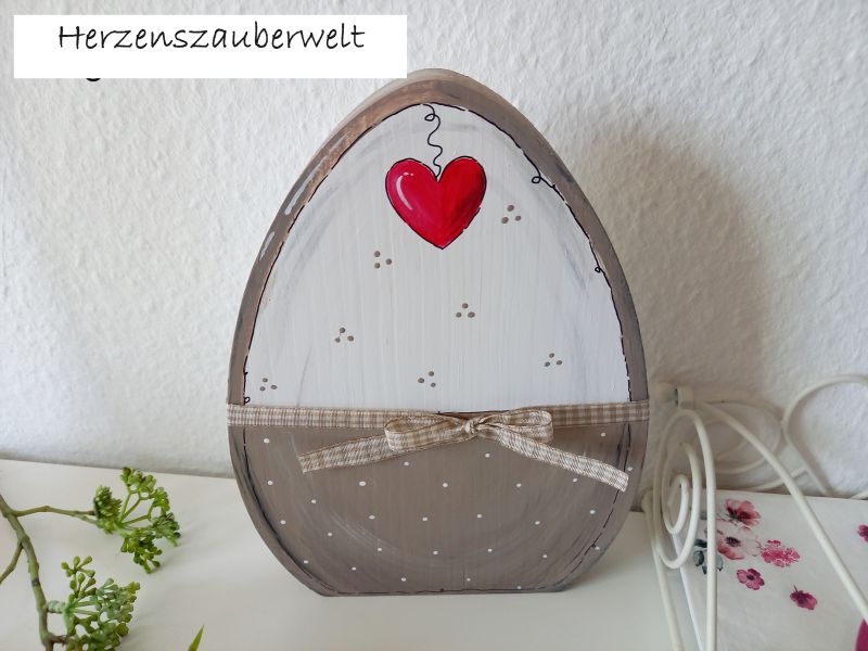 Großes Osterei * Pünktchen * Beige-Weiß-Rot * 22 x 16 cm * zum Aufstellen * Shabby, Landhaus