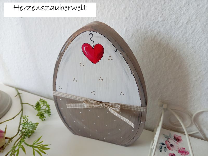 Großes Osterei * Pünktchen * Beige-Weiß-Rot * 22 x 16 cm * zum Aufstellen * Shabby, Landhaus