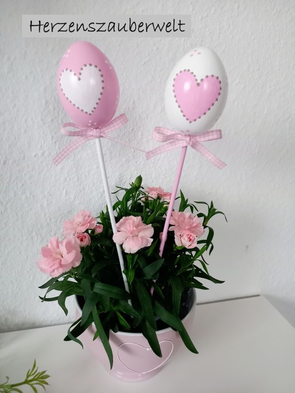 2 Ostereier * HANDBEMALT * Pflanzstecker * Rosa-Weiß * Herz * Shabby * Landhaus