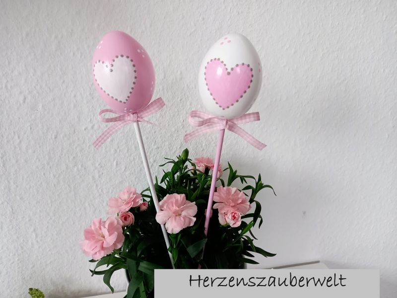 2 Ostereier * HANDBEMALT * Pflanzstecker * Rosa-Weiß * Herz * Shabby * Landhaus