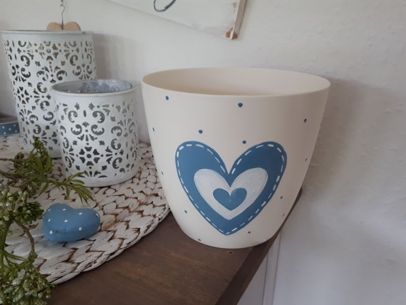 Übertopf * handbemalt * Kunststoff * Herz * Rauchblau