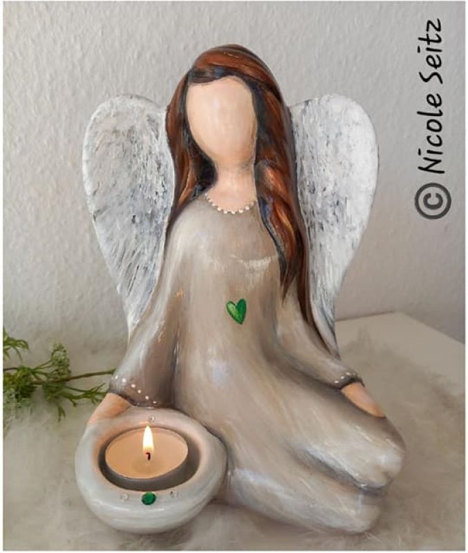 Engellicht handbemalt * Beige * Herz * Höhe 21 cm * Keramik