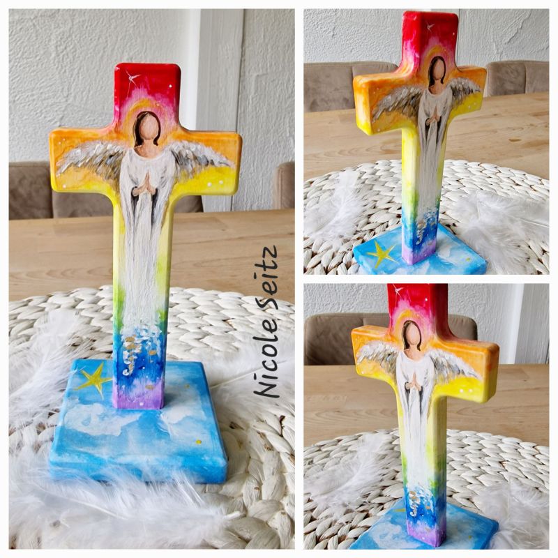 Holzkreuz * Regenbogen-Engel * bemalt * Sternenkind * mit Namensbeschriftung * 16 x 7 cm