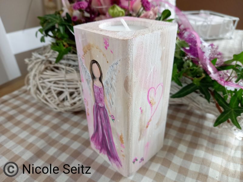 Engellicht aus Holz * Herz * Rosen * Lila-Pink * handbemalt