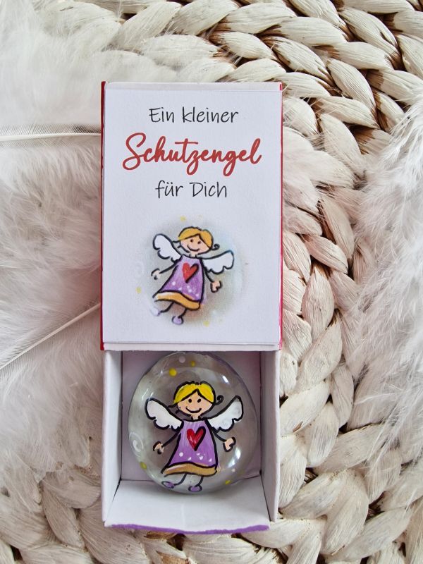 Glasstein * 2,8 cm * Schutzengel * bemalt * in einer Schachtel * Lila-Gold