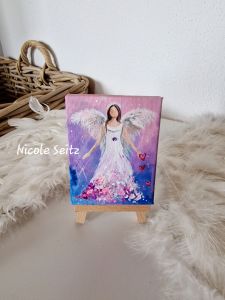 Engel auf Mini-Leinwand * 7 x 9 cm * mit Staffelei * Rosa-Lila-Blau