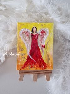 Engel auf Mini-Leinwand * 7 x 9 cm * mit Staffelei * Gelb-Orange-Rot
