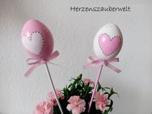 2 Ostereier * HANDBEMALT * Pflanzstecker * Rosa-Weiß * Herz * Shabby * Landhaus